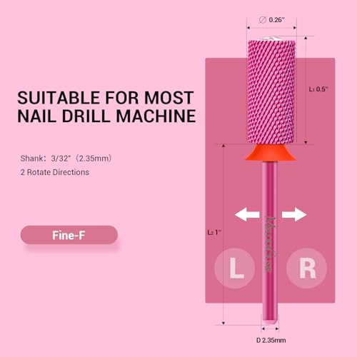 Large Barrel Tungsten Carbide Nail Drill Bit - Pink Heart Shape, Fine Grit, 3/32''