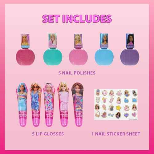 Barbie Cosmetic Makeup Set for Girls with Super Sparkly Lip Gloss Nail Polish and Nail Stickers 11 Pieces, Perfect for Parties Sleepovers Makeovers, Birthday Holiday Gift, Ages by Townley Girl