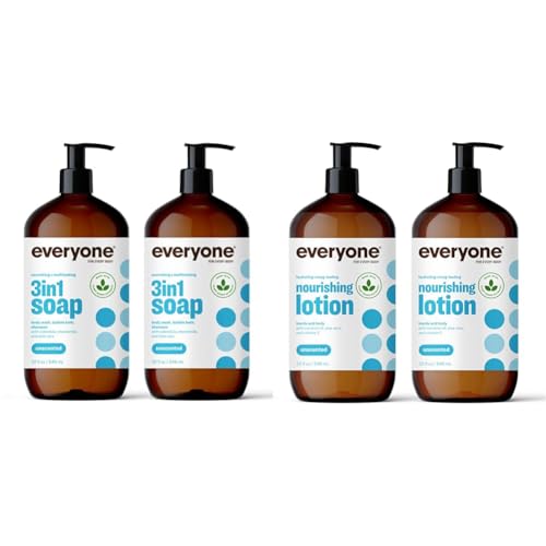 Bundle of Everyone 3-in-1 Soap, Body Wash, Bubble Bath, Shampoo, 32 Ounce (Pack of 2), Unscented + Everyone Nourishing Hand and Body Lotion, 32 Ounce (Pack of 2), Unscented