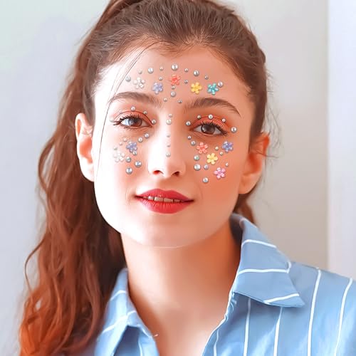 Rhinestone Face Gems Stickers - Colorful Flowers for Festivals