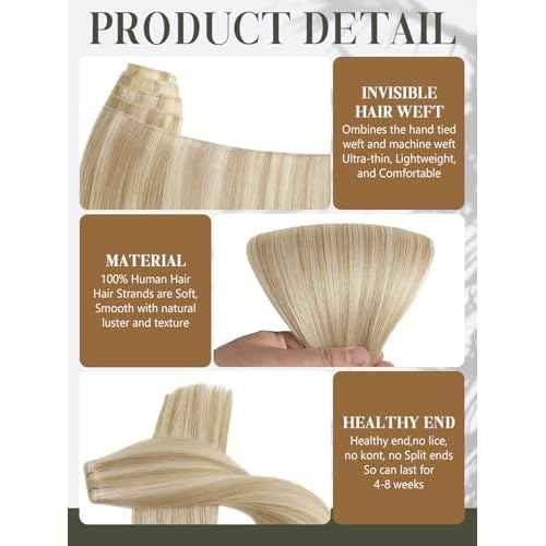 Loxxy Sew in Hair Extensions Real Human Hair 18 Inch Hand Tied Genius Weft Hair Extensions for Women Light Brown Highlighted Platinum Blonde One Piece 50g P#8/60A