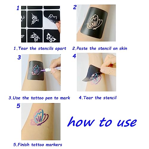 DOWEI Temporary Tattoo Stencil Kit - 10 Markers + 131 Stencils
