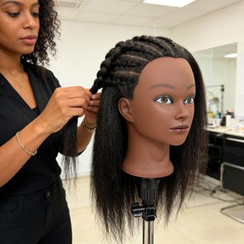 16" Black Mannequin Head with Real Hair for Braiding