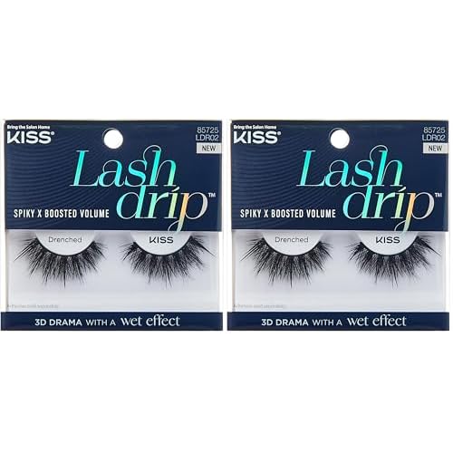 KISS Lash Drip False Eyelashes, Spiky X Boosted Volume, Unique Wet Look Hydrated Effect, Multi-Length Rewearable Fake Eyelashes, Wispy Crisscross Lash Pattern, Style ¡®Drenched¡¯, 1 Pair (Pack of 2)