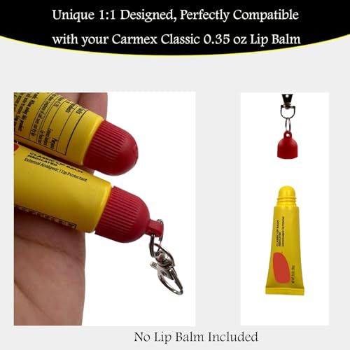 Lip Balm Cap Holder with Keychain, Portable Replacement Cover Compatible with Carmex Classic Lip Balm 0.35 oz, Leak-Proof Design, Never Lose Your Lip Gloss Again (Red+White, 4 Pack)