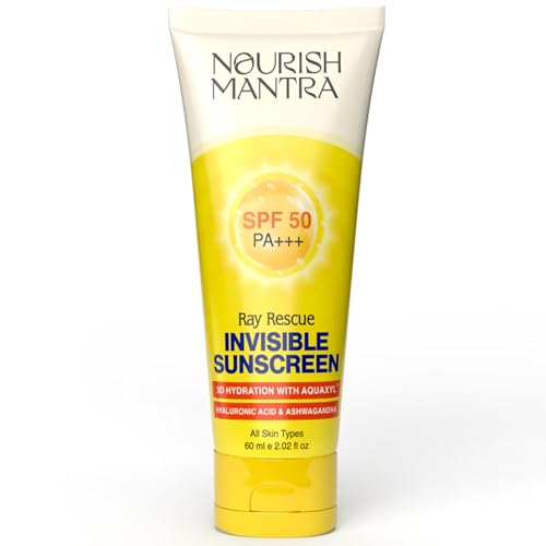 NOURISH MANTRA Ray Rescue Sunscreen/Sunscreen SPF 50/ With Hyaluronic Acid, Aquaxyl, Aloe Vera Extracts & Ashwagandha Extracts/No White Cast, (60 ml (Pack of 1))