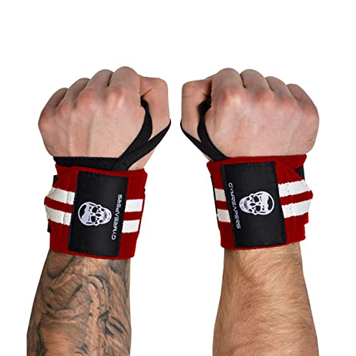 Gymreapers Weightlifting Wrist Wraps (Competition Grade) 18" Professional Quality Wrist Support with Heavy Duty Thumb Loop - Best Wrap for Powerlifting, Strength Training, Bodybuilding(Red/White,18")