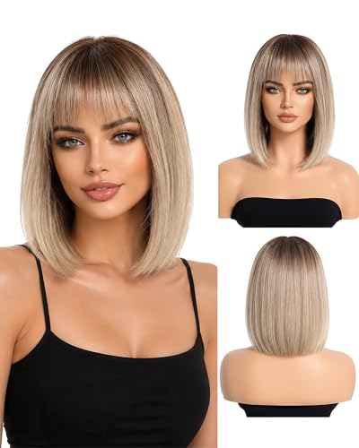 Light Gold Bob Wig with Bangs 12 Inch Short Straight Heat Resistant