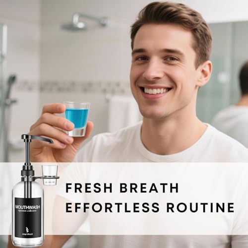 Clear Glass Mouthwash Dispenser with Cup Holder and Pump, 16 Oz