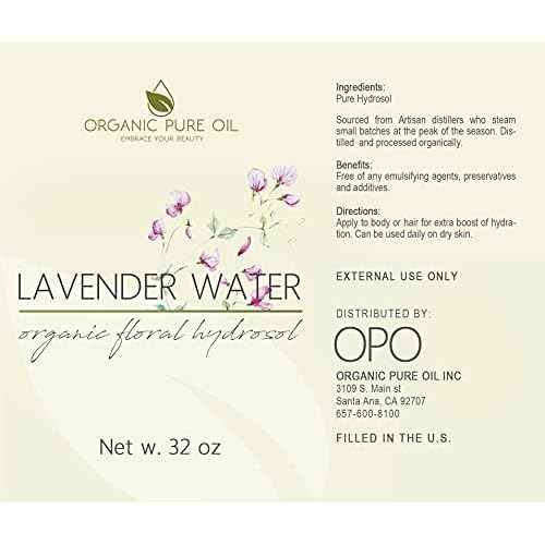 Lavender Water Hydrosol - Pure Steam Distilled Natural Non GMO Calming Bulk Body, Face, Facial Toner, Aromatherapy, Set Makeup, Cleanser Mist Spritz - 32oz - OPO