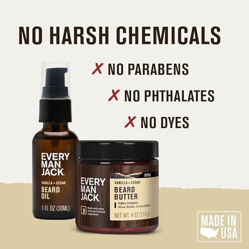 Every Man Jack Beard Oil & Scruff Softening Butter Bundle - Vanilla + Cedar Scent - Rejuvenates, Hydrates & Styles Dry Beards - Naturally Derived with Cocoa Butter and Shea Butter