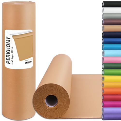 PerkHomy Brown Kraft Paper Roll 17.5" x 1,620" (135') for Gift Wrapping Bulletin Board Kids Craft Art Bouquet Flower Packing Moving Shipping Floor Covering Table 70GSM 50LB (Brown, 17.5" x 135')