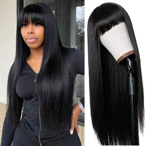 Straight Wigs Human Hair with Bangs 180% Density Brazilian Virgin Human Hair Wigs Glueless Machine Made Wigs for Women None Lace Front Wigs Natural Color 28 Inch