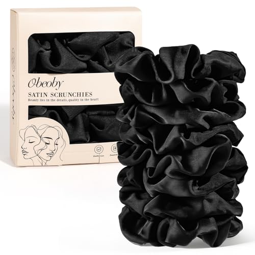 Black Satin Scrunchies 8 Pack - No Crease Hair Ties
