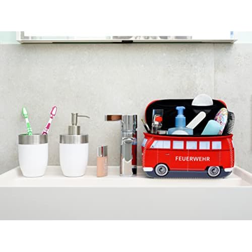 BRISA VW Collection - Volkswagen Neoprene Universal Makeup Cosmetics Toiletry Travel Pharmacy Bag in T1 Bus Design (Firetruck/Red) (Small (9.1 x 4.3 x 3.1 inches))
