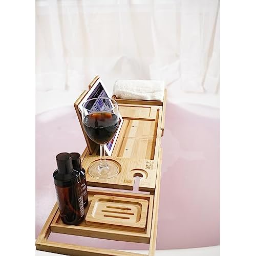 XcE Foldable Bamboo Bathtub Caddy Tray - Expandable to 41 Inches with Non-Slip Pads & Book Stand for Couples Luxury Bath