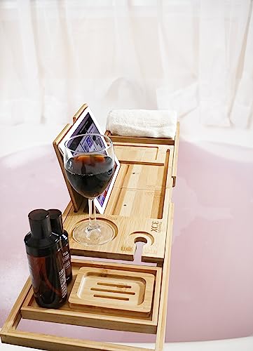 Bamboo Bathtub Caddy Tray - Expandable to 41", Book Stand & Wine Holder
