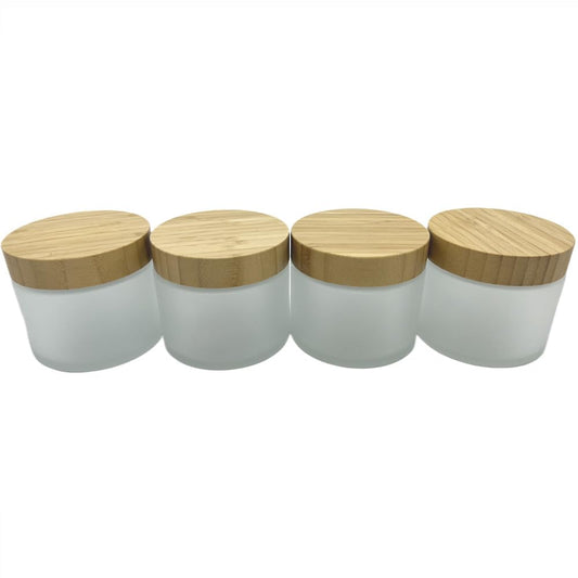 BEECO GIF2U Empty Refillable Frosted Glass Cosmetic Cream Jar 4 Pack 6.7 OZ/200g with Bamboo Lids,Skin Care Travel Containers Pot for Clay Masks,Butter,Body Scrub,Lip Balm, Ointments, Lotion Frost