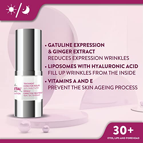 GEROVITAL EVOLUTION Anti-Wrinkle Serum for Eyes, Lips and Forehead Area with Hyaluronic Acid, Vitamin A and E, Reduces Deep Wrinkles, Improves Skin Elasticity, ?15 ml