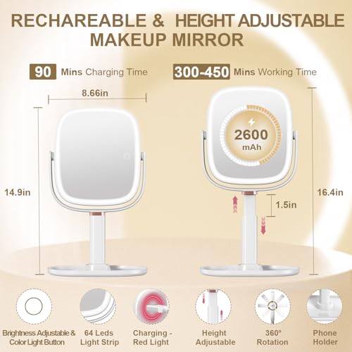 Mocado Lighted Makeup Mirror with 1X/20X Magnification - Adjustable Brightness & Height, 360° Rotation