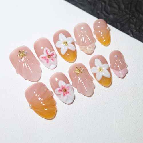 10 Pcs Handmade Reusable Press-On Nails 3D Floral Nail Art Decorations, Pink and White Flowers with Gold Accents Short Almond For Women & Girls, Daily & Party Use (pink2592, XS)