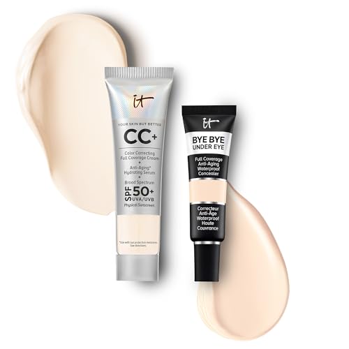 IT Cosmetics Travel CC+ Cream with SPF 50+ Natural Finish Full Coverage Foundation (Fair Porcelain - 0.4 fl oz) & Bye Bye Undereye Concealer Anti-Aging Makeup (10.5 Light - 0.4 fl oz)