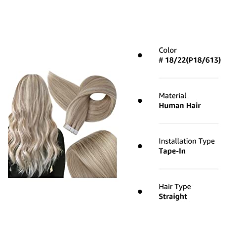 Full Shine Tape in Hair Extensions Human Hair 18inch Blonde Human Hair Tape in Extensions Remy Hair 18/22 Ash Blonde Highlight with Platinum Blonde Invisible Hair Extensions Tape in 20Pcs 50Grams