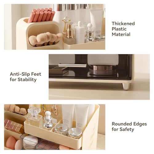 Large Makeup Organizer with Brush Holder & 2 Drawers - Cream