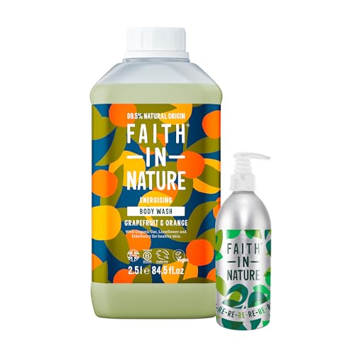 FAITH IN NATURE Natural Body Wash & Refill Bottle Set - Vegan & Cruelty Free, No SLS or Parabens - Bundle, Grapefruit & Orange