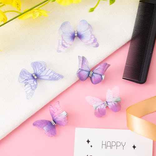 5Pcs Purple Butterfly Hair Clips, Gradient Rhinestone Organza Barrettes Christmas Bachelorette Party Halloween Rave Festival Concert Hair Accessories for Women