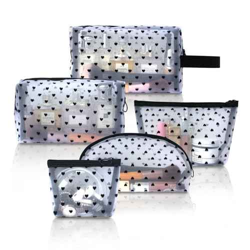 5-Piece Heart Printed Mesh Makeup Bag Set, Portable Travel Cosmetic Toiletry Purse Bags, Zipper Storage Pouches for Home Offices Travel Accessories (White)