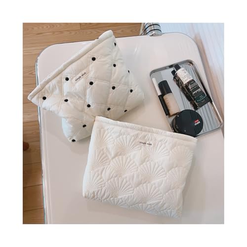 Quilted White Cotton Makeup Pouch - Floral Toiletry Bag for Women