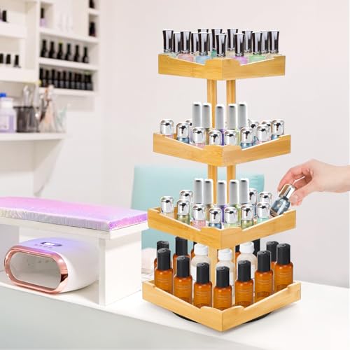 Nail Polish Organizer, 4 Tier Bamboo Stand Essential Oil Display Rack for 120-212 Bottles, 360¡Æ Rotating Large Capacity Cosmetics Storage Shelf Holder for Home Spa, Business Salon