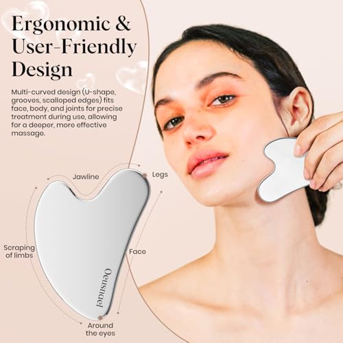 Stainless Steel Gua Sha Facial Tools, Lymphatic Drainage Massager for Face Sculpting, Chin & Jawline Shaper, Metal Guasha Tool for Body Eyes Neck, Self Skin Care Gift for Women Men with Pouch