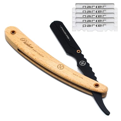 Parker SRP Pine Wood Handle Straight Edge Barber Razor ? Stainless Steel Clip?Type Straight Razor, 5 Premium Half DE Blades Included