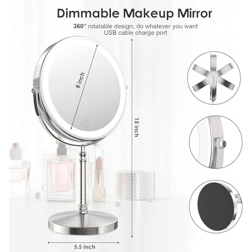 Lighted Makeup Mirror, 3000 mAh Rechargeable Double Sided Magnifying Vanity Mirror with 3 Colors, 1x/10x, 360¡Æ Rotation , Brightness Adjustable Magnification Cosmetic Light up Mirror, Women Gift