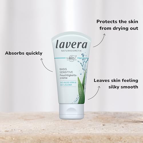 lavera Basis Sensitive Moisturizing Cream ? Organic & Vegan Face Moisturizer with Aloe Vera & Shea Butter - Natural Skin Care for All Skin Types - 1.69 Fl Oz