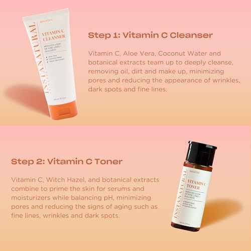 InstaNatural Vitamin C Four Step Skin Care Set with Face Wash, Toner, Serum & Moisturizer | All Natural Brightening & Hydrating Routine with Botanical Extracts ? 1.68 Fl Oz (Pack of 4)
