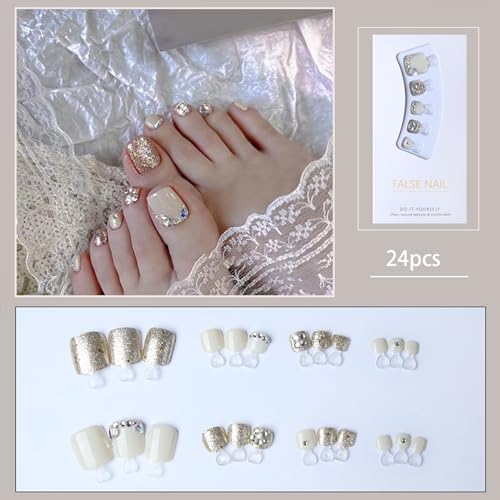 White Press on Toenails Gold Glitter Rhinestone Design Square Fake Toenails Luxurious Short Acrylic False Toes Nails Cute Artificial Beach Full Cover Toenail White for Women and Girls 24Pcs