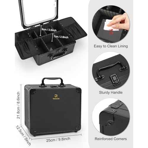 Relavel Makeup Bag with LED Mirror, Makeup Box Travel Train Case with Rechargeable Lighted Mirror & Adjustable Dividers, Cosmetic Brush Organizer Storage for Makeup Artists Gifts for Women and Girls