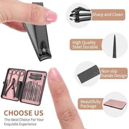 ZIZZON Nail Clippers Manicure Pedicure Set 18 in 1 Nail Grooming Kit with Leather Travel Case(Black/Pink)