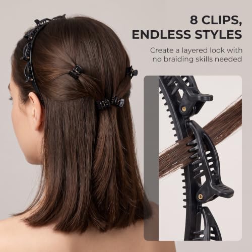2-Pack Toothed Headbands with Clips for Bangs & Hairstyling - Black & Brown