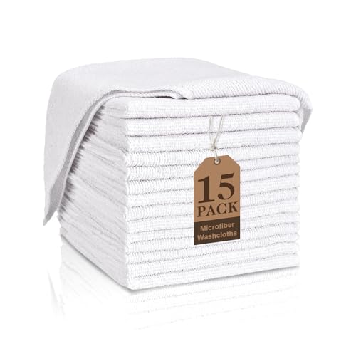 White Microfiber Washcloths 15 Pack - 12x12 Absorbent Face Towels