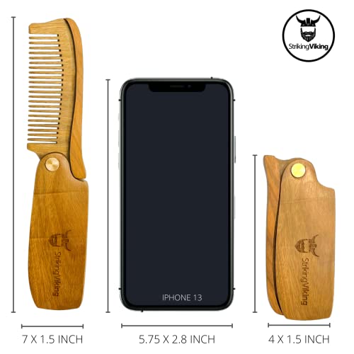 Pocket Sized Wooden Beard Comb & Mustache Comb with Fine & Coarse Teeth - Perfect for Use with Balms and Oils (Folding Comb Small)