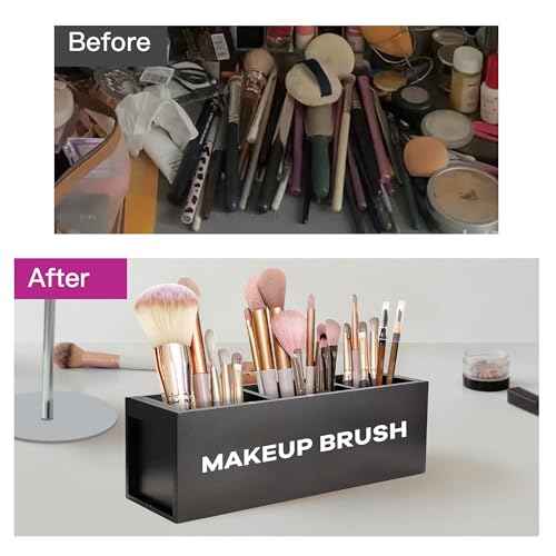 Suli Large Makeup Brush Holder Organizer, Wooden Cosmetic Brushes Storage with 3 Slots, Eyeliners Display Case for Vanity Desktop Bathroom Countertop -Black