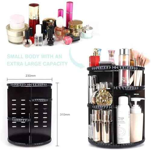 sanipoe Rotating Makeup Organizer,DIY Adjustable Spinning Holder,Foldable Cosmetic Storage Display box,Large Capacity Make up Caddy Shelf,Fits Countertop Vanity and Bathroom (Black)