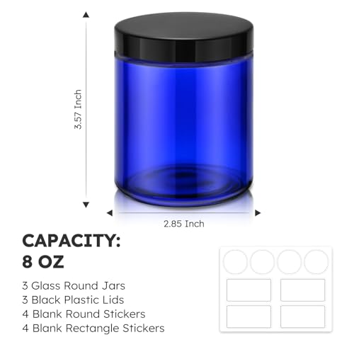 8oz Blue Glass Jars with Lids - 3 Pack for Candles & Storage