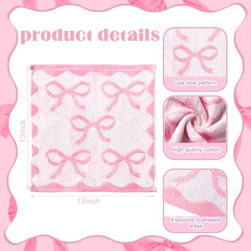 Coume 6 Pcs Pink Bow Washcloths 100% Cotton Wash Cloths 13" x 13" Coquette Small Face Towels Absorbent Soft Preppy Wash Cloths & Hand Bath Towels for Bathroom, Spa, Kitchen Drying Cleaning