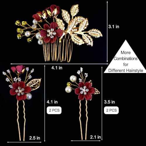 5 PCS Bridal Flower Wedding Hair Pins Crystal Pearl Headpiece Gold Wedding Hair Accessories Jewelry Rhinestone for Brides Bridesmaids Women Girls Updo, Exquisite Flower Leaves&Elegant Burgundy