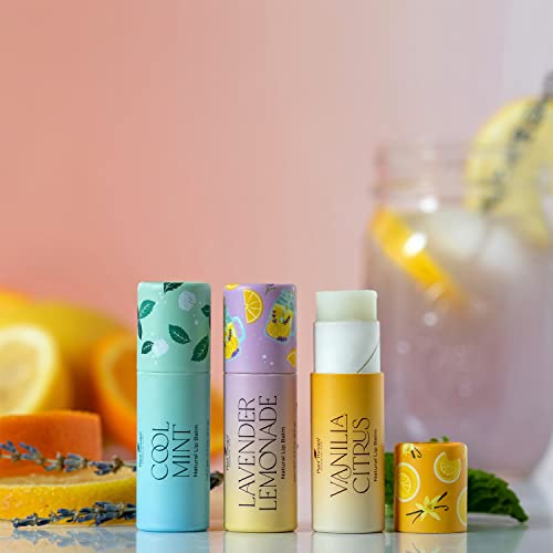 Plant Therapy Love Your Lips Lip Balm Trio Set 0.9 oz (25.5 g) Simple, Natural Ingredients & Packaged in Eco-Friendly Recyclable Cardboard, Refreshing Flavors Including: Lavender Lemonade, Vanilla Citrus, Cool Mint